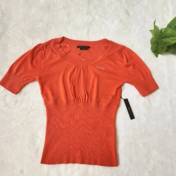 BCBGMaxAzri Orange Knit Short Sleeve Top Scoop Neck Cotton Stretch Women Medium - Picture 2 of 11